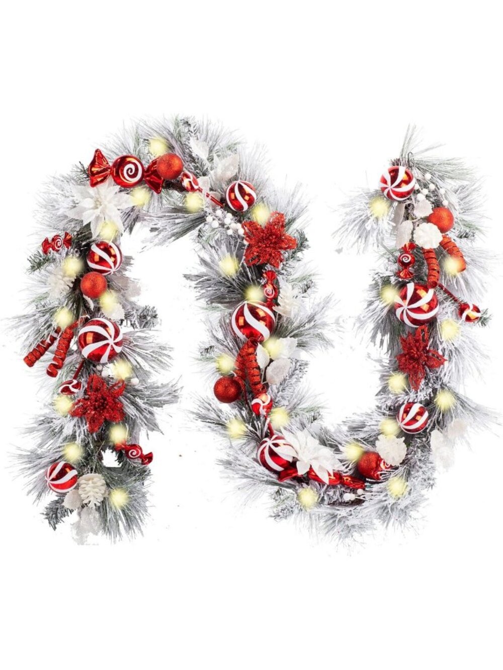 WANNA-CUL Pre-Lit 9ft Christmas Garland with Lights 50 LED Red White Bauble